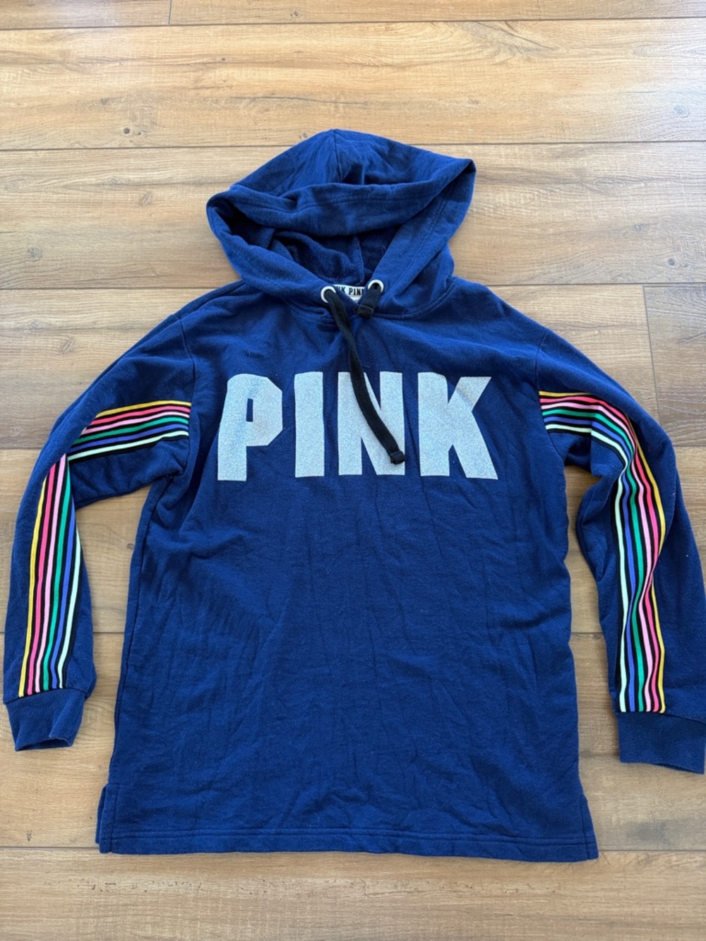 PINK Victoria's Secret Navy Hoodie with Multicolor Rainbow Stripe Sleeves M